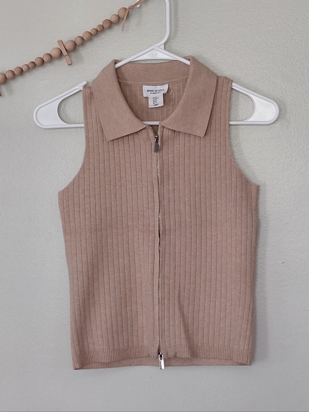 Song Of Style Viscose Ribbed Cream Double Zipper Collared Sleevless Tank Top M